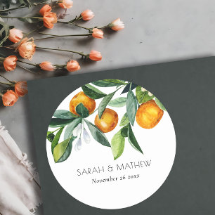 Elegant Citrus Orange Botanical Boho Wedding Runder Aufkleber
