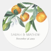 Elegant Citrus Orange Botanical Boho Wedding Runder Aufkleber (Vorderseite)