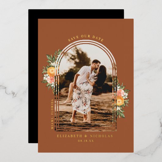 Elegant Citrus Orchard | Boho Save the Date Foto Folieneinladung (Vorderseite/Rückseite)