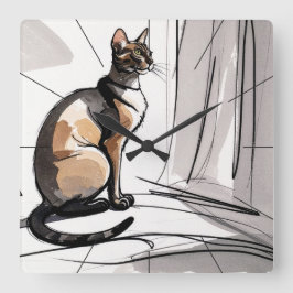 Elegant City Cat Looking Out The Window Minimalism Quadratische Wanduhr