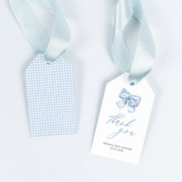 Elegant Clasic Gingham Blue Bow Baby Shower Danke Geschenkanhänger