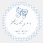 Elegant Clasic Gingham Blue Bow Baby Shower Runder Aufkleber (Vorderseite)