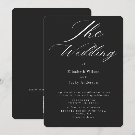 Elegant Classic Black and White QR code Wedding Einladung (Vorne/Hinten)