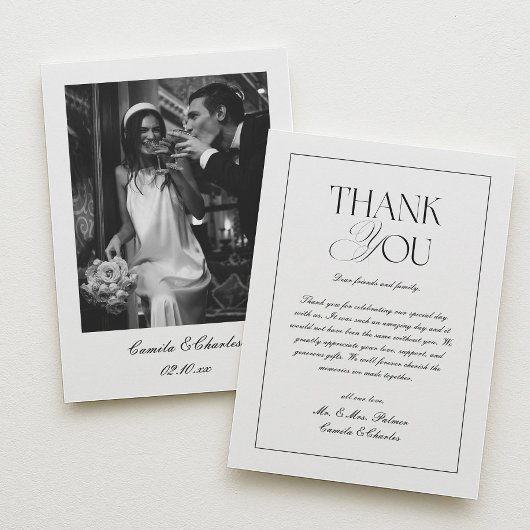 Elegant Classic Black and White Wedding Photo Dankeskarte