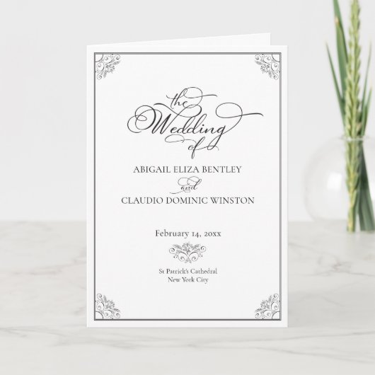 Elegant Classic Black & White Calligraphy Wedding Programm (Vorderseite)