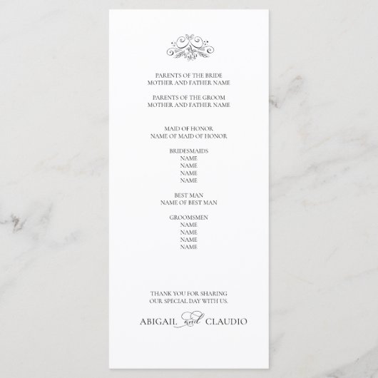 Elegant Classic Black & White Calligraphy Wedding Programm (Rückseite)