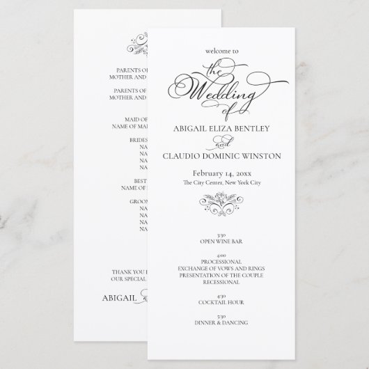 Elegant Classic Black & White Calligraphy Wedding Programm (Vorne/Hinten)