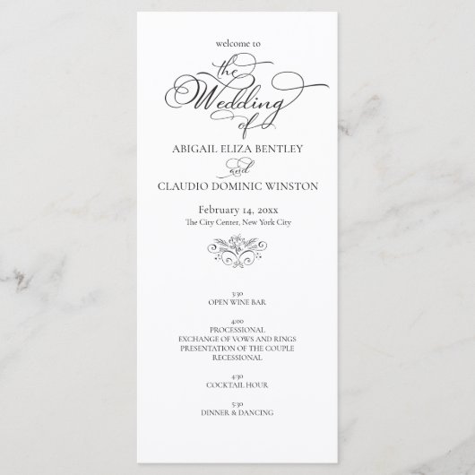 Elegant Classic Black & White Calligraphy Wedding Programm (Vorderseite)