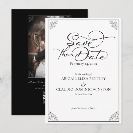 Elegant Classic Black & White Calligraphy Wedding Save The Date (Vorne/Hinten)