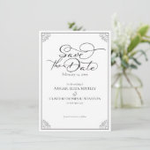 Elegant Classic Black & White Calligraphy Wedding Save The Date (Stehend Vorderseite)