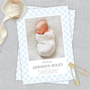 Elegant Classic Blue Gingham Baby Boy Birth Ankündigung