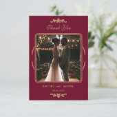 Elegant Classic Burgundy Photo Wedding Dankeskarte (Stehend Vorderseite)