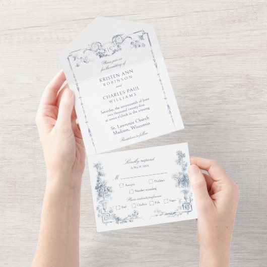 Elegant Classic Dusty Blue All In One Einladung (Abreißen)