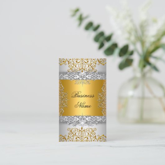 Elegant Classic Gold Lace Silver White Visitenkarte (Stehend Vorderseite)