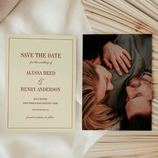 Elegant Classic Ivory & Red Script Wedding Photo Save The Date