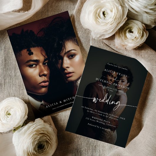 Elegant Classic Minimalist Script Wedding 2 Photo Einladung