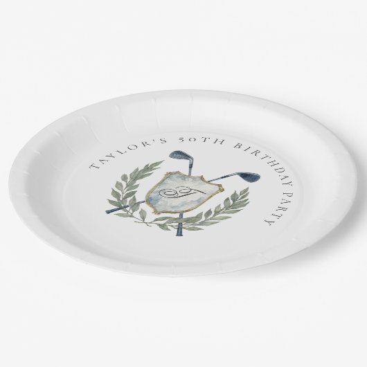 Elegant Classic Monogram Golf Crest Birthday Party Pappteller (Schrägansicht)