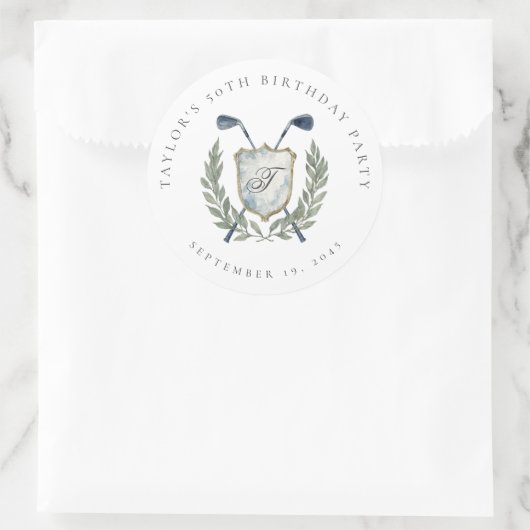 Elegant Classic Monogram Golf Crest Birthday Party Runder Aufkleber (Tasche)