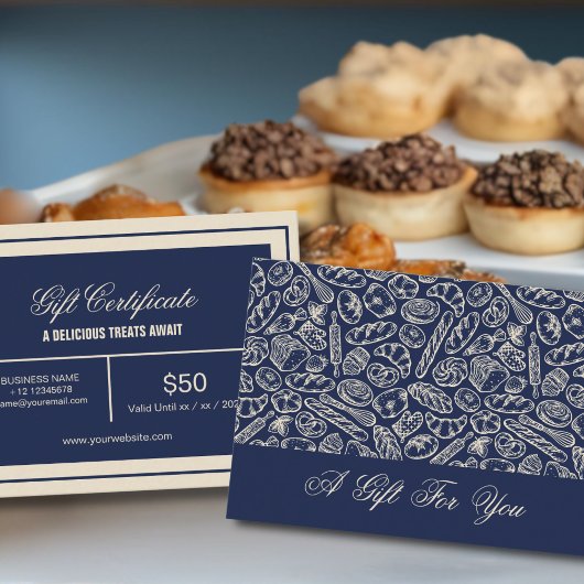 Elegant Classic Navy Blue Bakery Pattern Gift Card Visitenkarte