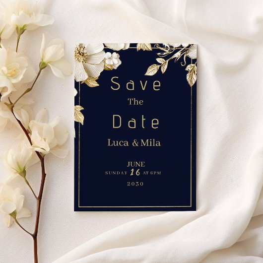 Elegant classic navy blue gold flora Save the Date Einladung