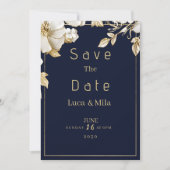 Elegant classic navy blue gold flora Save the Date Einladung (Vorderseite)