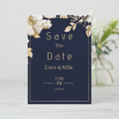 Elegant classic navy blue gold flora Save the Date Einladung (Stehend Vorderseite)