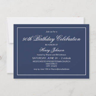 Elegant Classic Navy Blue und White 90. Geburtstag Einladung