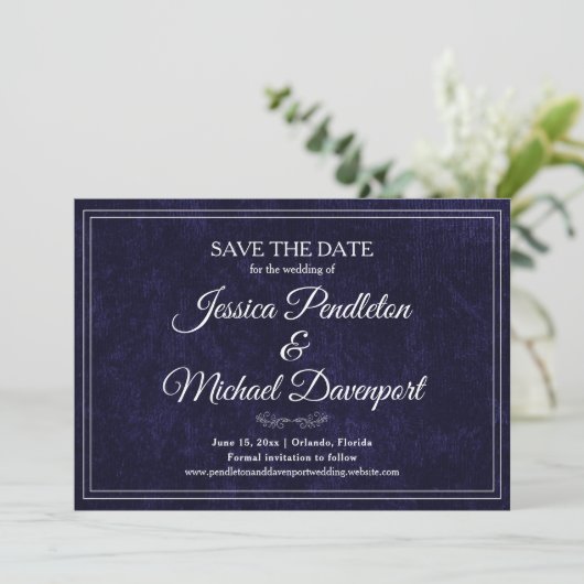 Elegant Classic Navy Blue Wedding Save Date Save The Date (Stehend Vorderseite)