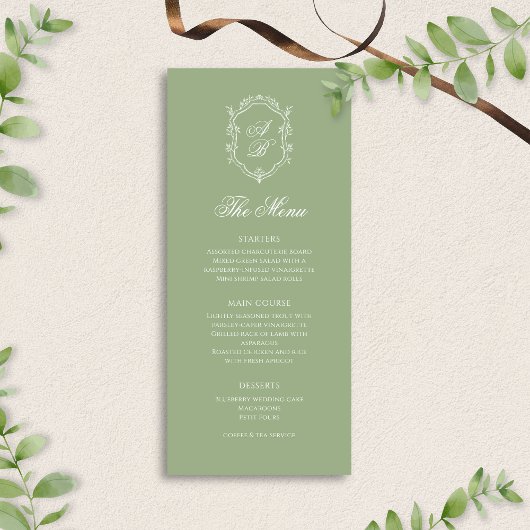 Elegant Classic Sage Green Monogram Crest Wedding Menükarte