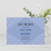 Elegant Classy Blue Damask Script Formal Wedding Save The Date (Stehend Vorderseite)