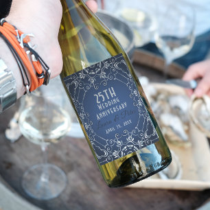 Elegant Classy Blue und Silver Wedding Jubiläum Weinetikett