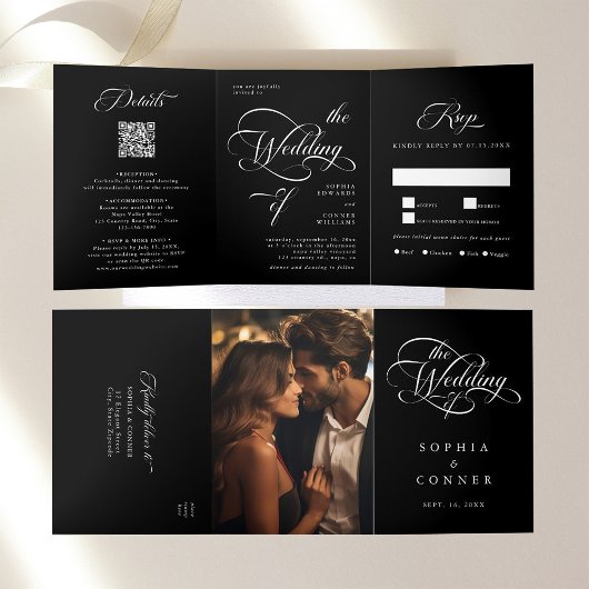 Elegant Classy Calligraphy Wedding Black Dreifach Gefaltete Einladung