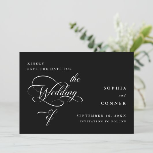 Elegant Classy Calligraphy Wedding Black Save The Date (Stehend Vorderseite)