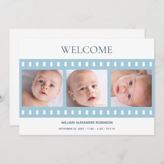 Elegant Classy Filmstrip Baby Boy Foto Blue Birth Ankündigung (Vorne/Hinten)