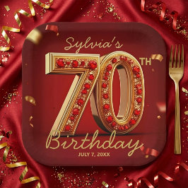 Elegant Classy Gold Red Jewel Style 70th Birthday Pappteller