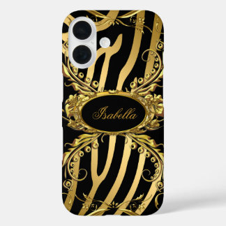 Elegant Classy Gold Zebra Black Floral iPhone 16 Hülle