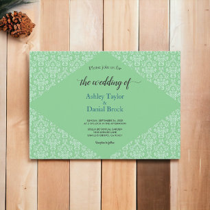 Elegant Classy Green Damask Script Formal Wedding Einladung