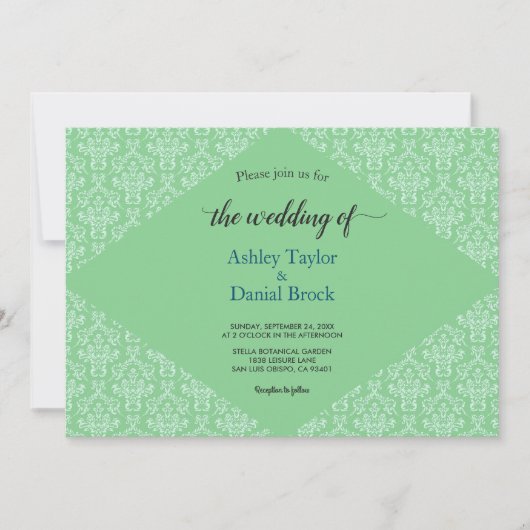 Elegant Classy Green Damask Script Formal Wedding Einladung (Vorderseite)