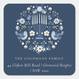 Elegant Classy Navy Blue Hanukkah Floral Address Quadratischer Aufkleber