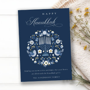Elegant Classy Navy Blue Happy Hanukkah Floral Feiertagskarte