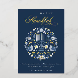 Elegant Classy Navy Blue Happy Hanukkah Floral Folien Feiertagskarte