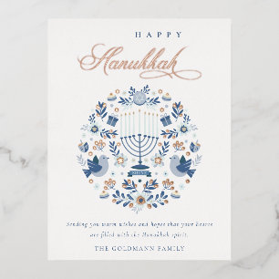 Elegant Classy Navy Blue Happy Hanukkah Floral Folien Feiertagspostkarte