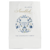 Elegant Classy Navy Blue Happy Hanukkah Floral Mittlere Geschenktüte (Rückseite)