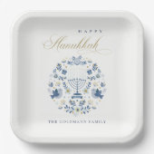 Elegant Classy Navy Blue Happy Hanukkah Floral Pappteller (Vorderseite)