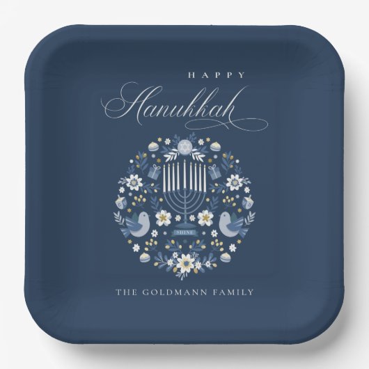 Elegant Classy Navy Blue Happy Hanukkah Floral Pappteller (Vorderseite)
