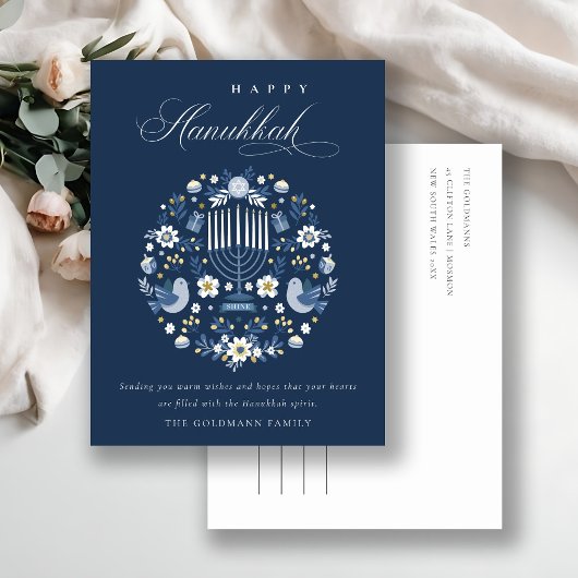 Elegant Classy Navy Blue Happy Hanukkah Floral Postkarte