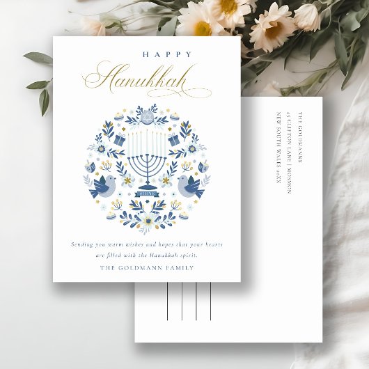Elegant Classy Navy Blue Happy Hanukkah Floral Postkarte