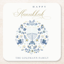 Elegant Classy Navy Blue Happy Hanukkah Floral Rechteckiger Pappuntersetzer