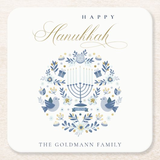 Elegant Classy Navy Blue Happy Hanukkah Floral Rechteckiger Pappuntersetzer (Vorderseite)