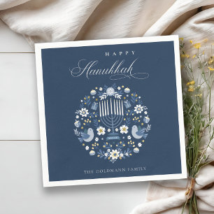 Elegant Classy Navy Blue Happy Hanukkah Floral Serviette